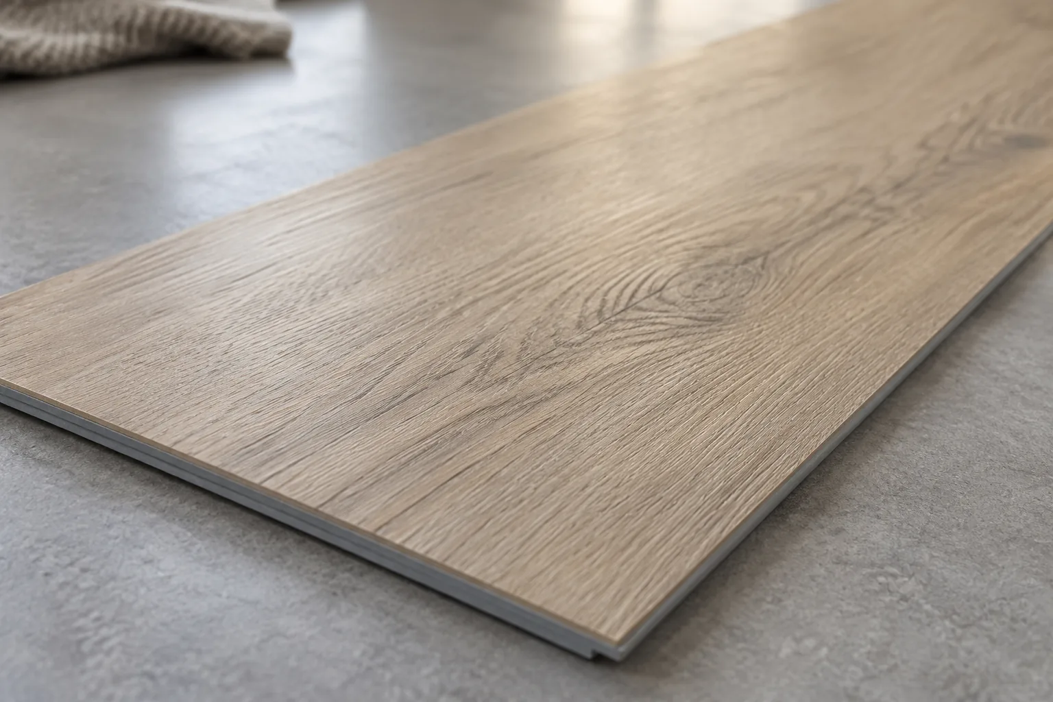 AI-generated illustration of a thin oak-look SPC flooring plank showing its matte surface and grey core edge.