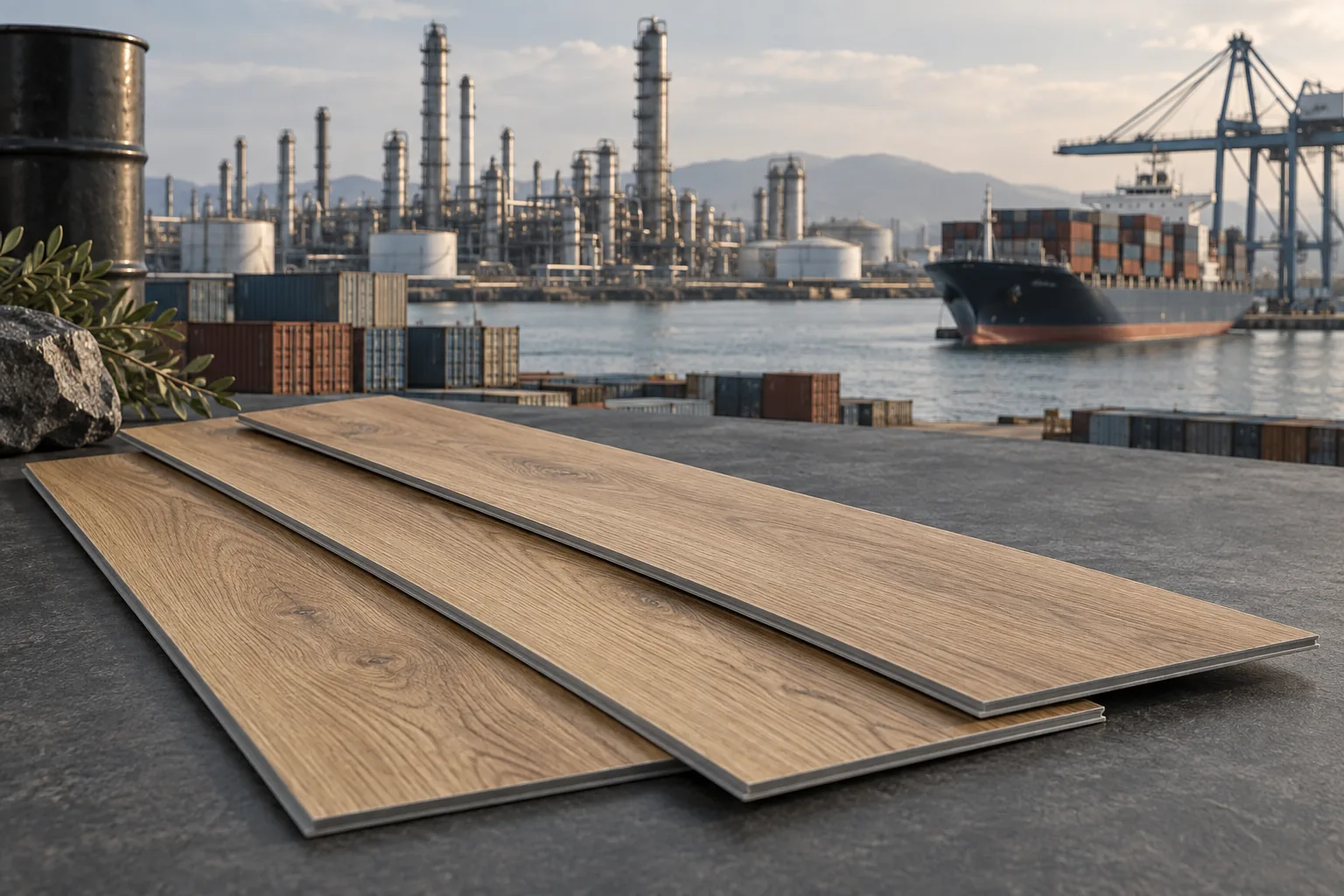 AI-generated illustration of thin oak-look SPC flooring planks with an oil refinery, shipping containers and cargo ship in the background.
