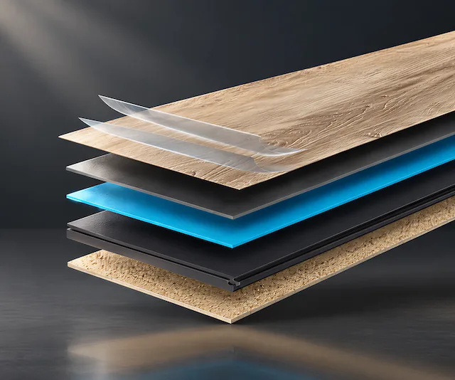 Exploded-view illustration of wood-look flooring with separated surface, core and backing layers