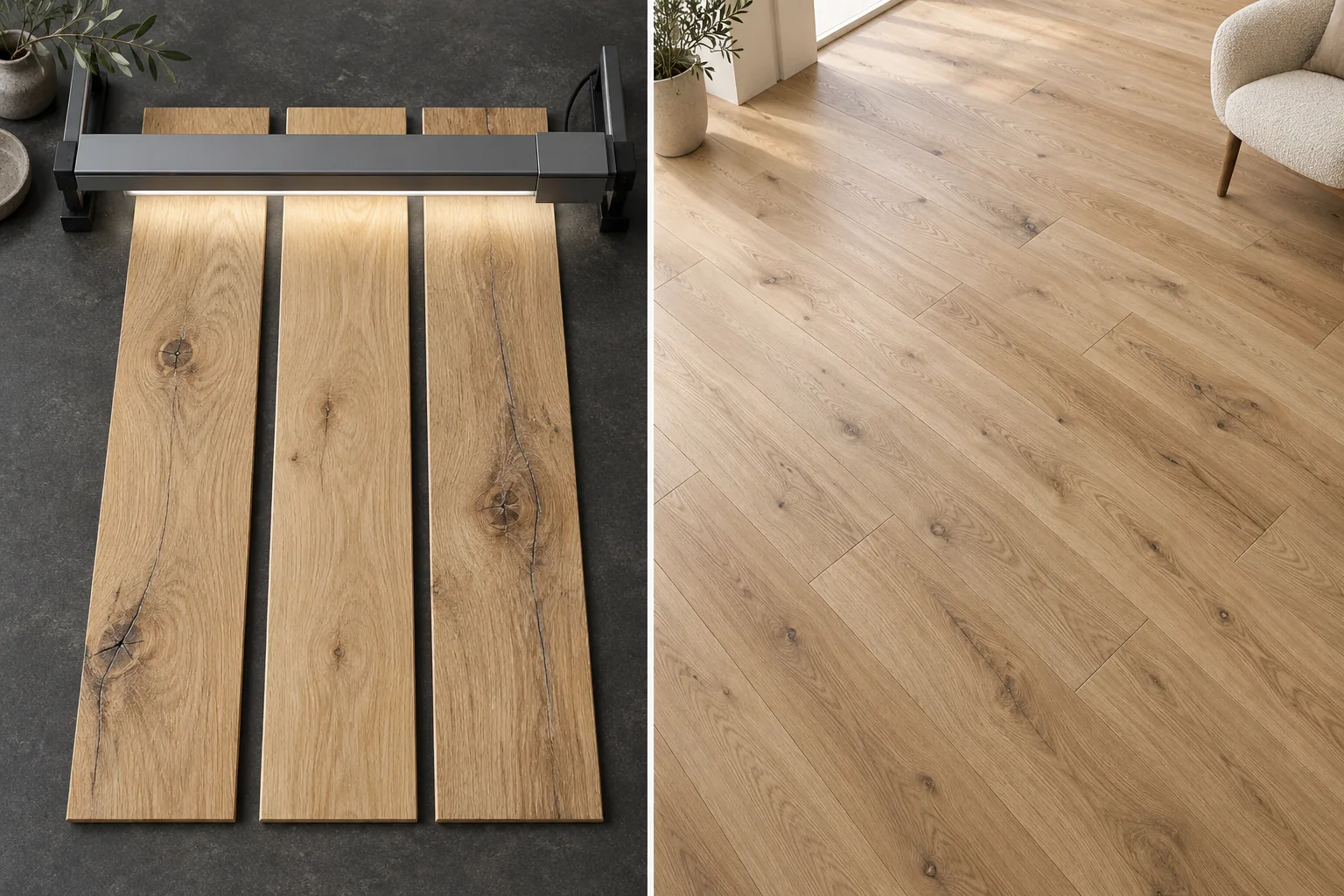 AI-generated concept illustration of scanning natural oak boards alongside a varied wood-look floor.