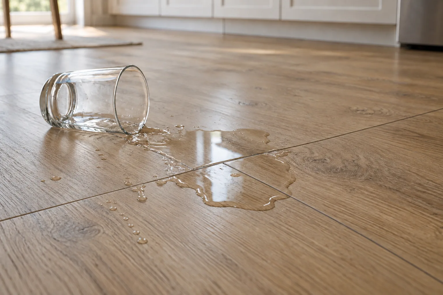 AI-generated illustration of a tipped drinking glass and a small water spill across the joints of an oak-look SPC floor.